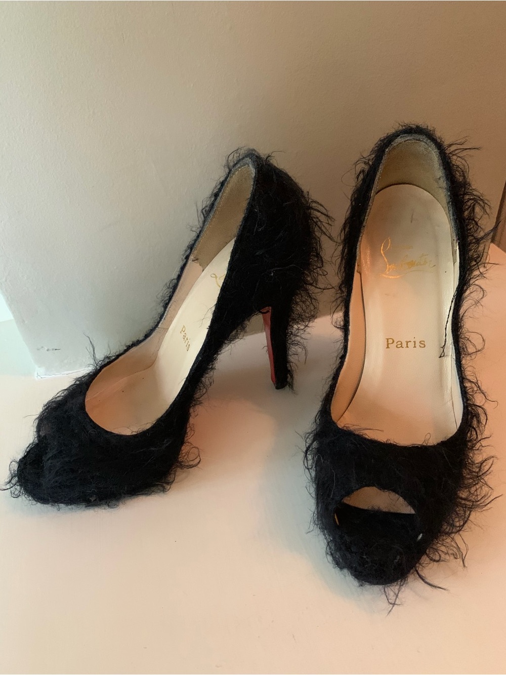 Christian Louboutin vintage black mohair peep toe pumps